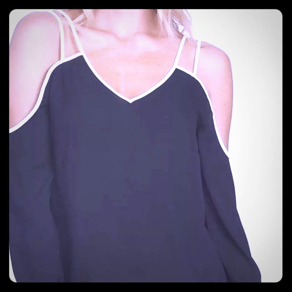 1. State Cold Shoulder Blouse with White Trim